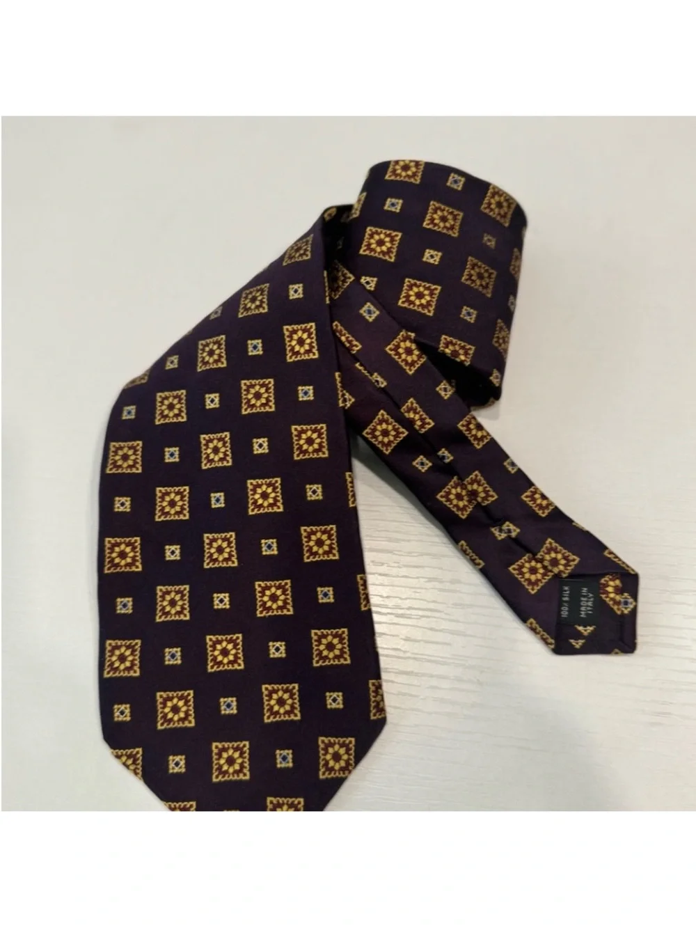 J.A.S. Bank Men’s Burgundy Tie with Gold Square Medallions